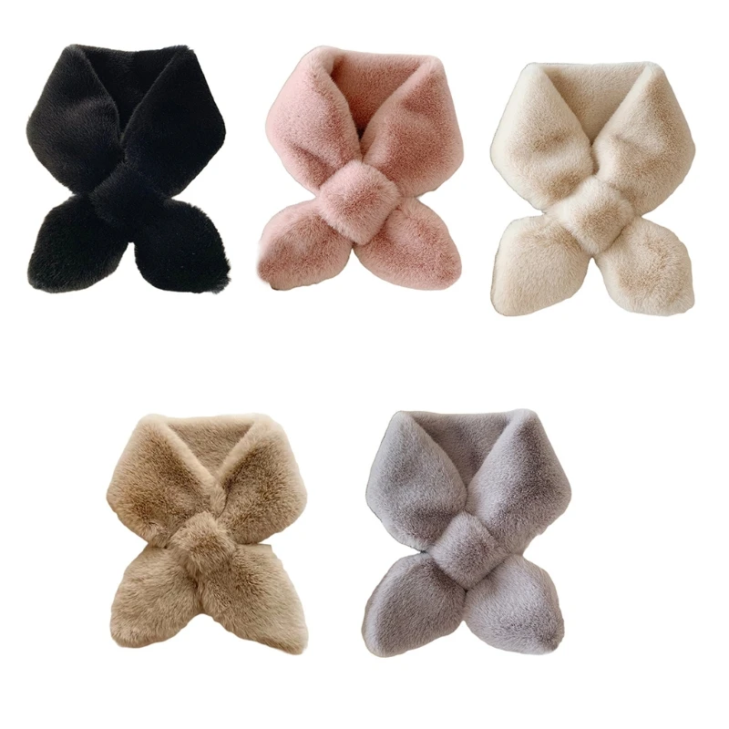 

Korean Style Women Winter Faux Fur for Cross Bib Scarf Pure Solid Color Fluffy Plush Loophole Bow Shawl Wrap Windproof Neck