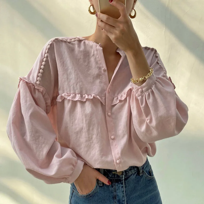 

Long Sleeve Blouse Women Loose Single Breasted Solid Color Lantern Sleeve Korean Style Vintage Ladies Tops Casual Blusas Mujer