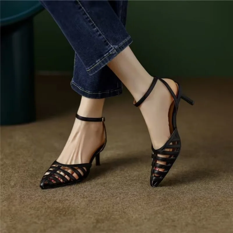 

2023 Summer Pointed Toe Hollow Women Shoes Fashion Women Leather Slingbacks Pumps Wedding Bridal High Heeled Shoes Casual Solid