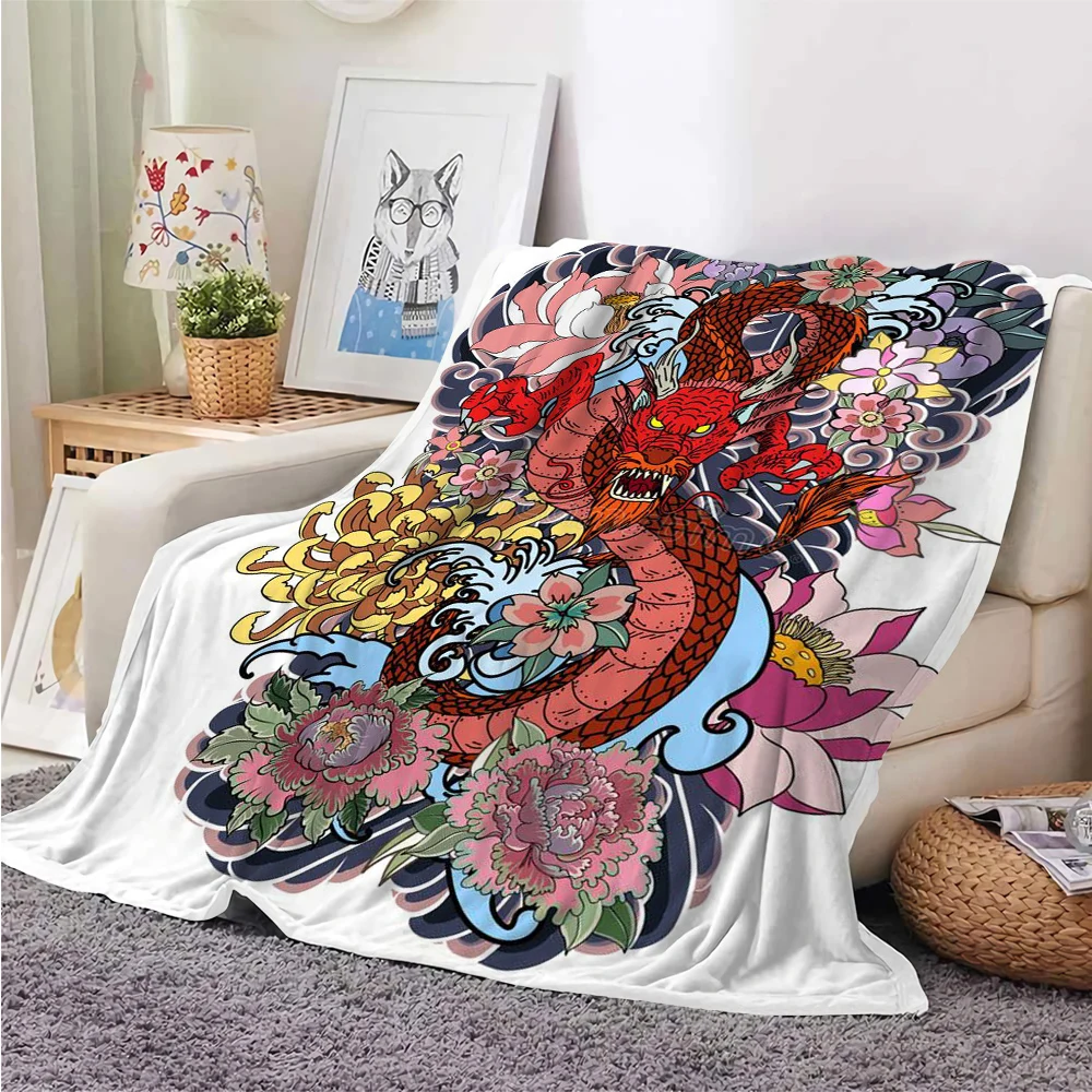 Dragon Peony Lotus 3d Printed Flannel Throw Blankets For Bed