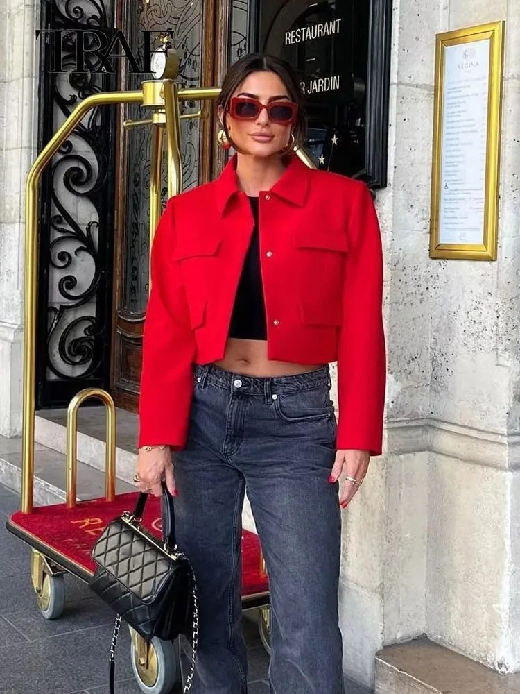 

TRAF Women's Red Blazer Coat Fashion Button Office Blazers Spring Jacket Street Female New In Outerwear Chic Tops