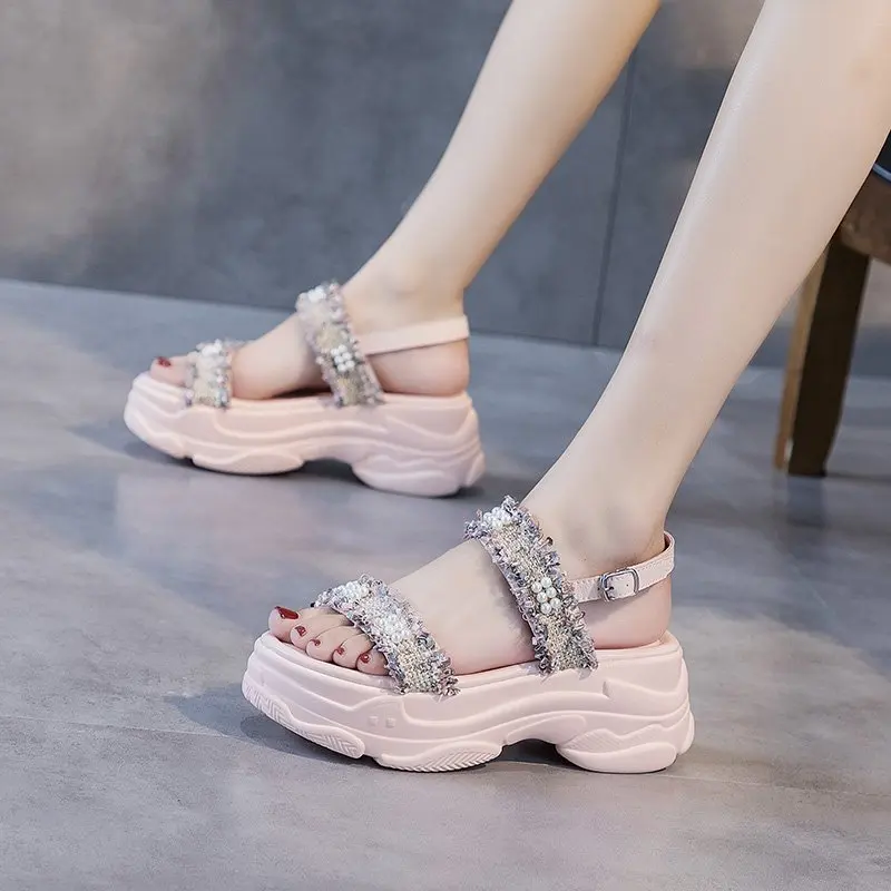 

2023 Sweet Summer Pumps Solid Female Shoes Thick bottom Platform String Bead Med High Heels Student Casual Women Sports Sandals