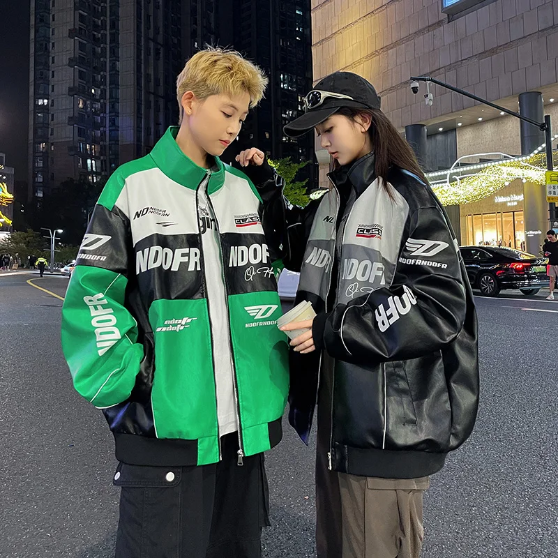 Men's PU Leather Jacket Autumn Winter New Color Block Trend Alphabet Print Outdoor Travel Stand Collar Coat Men Clothing