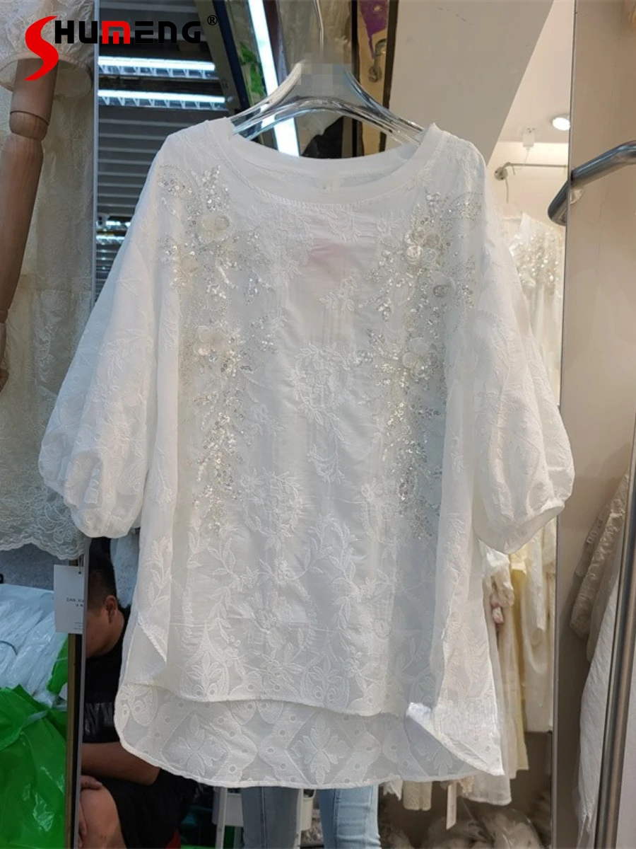 

Heavy Industry Beads Sequined Sunscreen Lace Shirt Women's Summer Short Sleeve Loose Pullover Blouse Mid-Length Round Neck Top