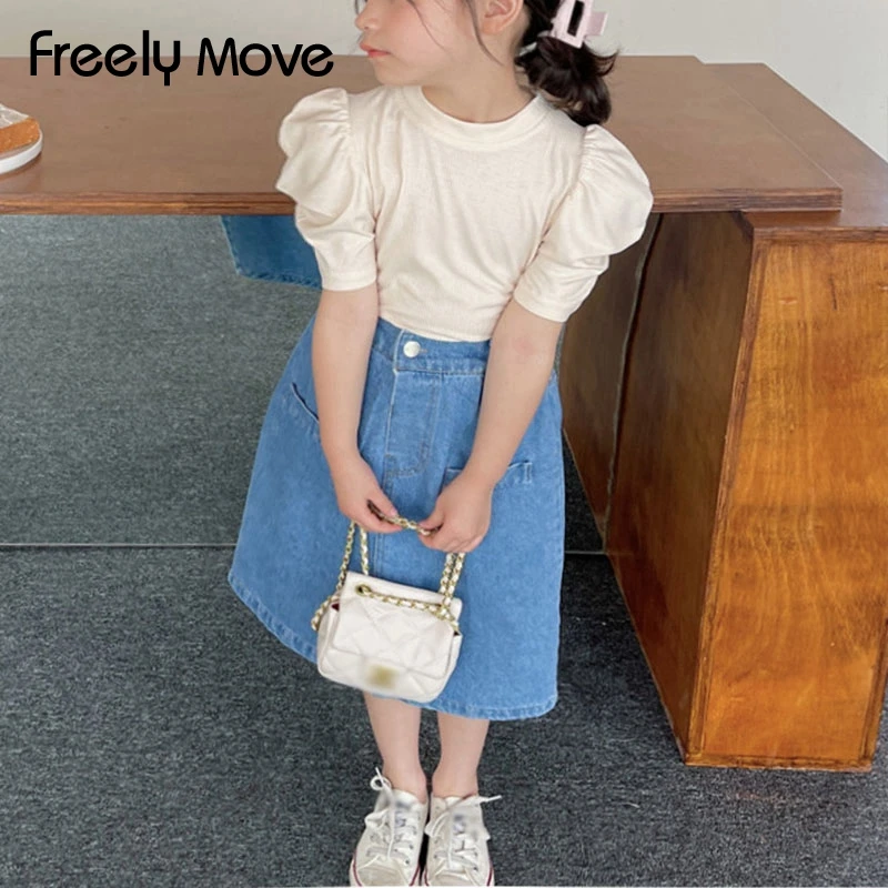 

Freely Move Children Clothes Girl Puff Short Sleeve O Neck Soild 3 Colors Bottom Shirts Casual Wear Tops 2022 Kids Clothes Girl
