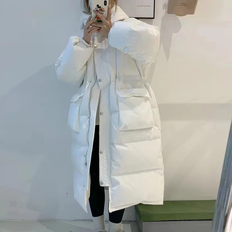 Knee Down Jacket 2022 Winter New Dongdamen Hooded Waist Closed White Duck Down Thickened Large Pocket Coat for Women
