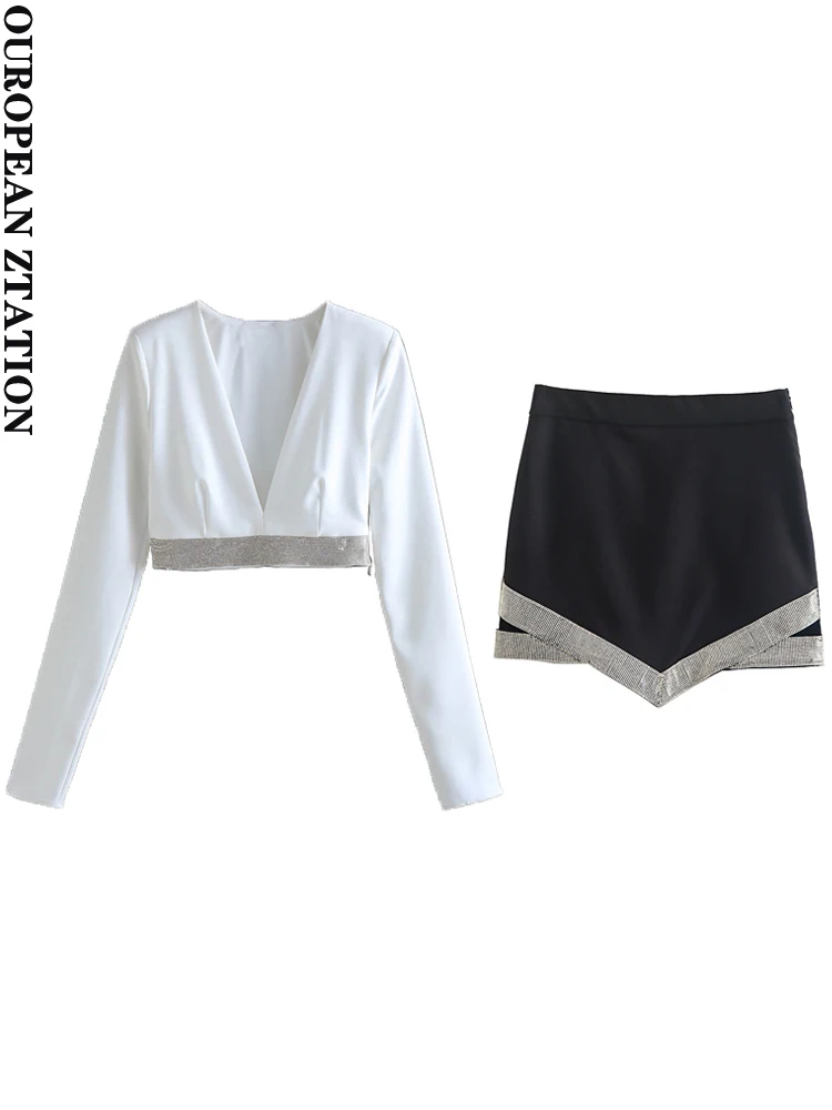 

Женский модный Блестящий короткий топ PAILETE с стразами или блестящая мини-юбка с высокой талией, женские комплекты из двух предметов, 2022