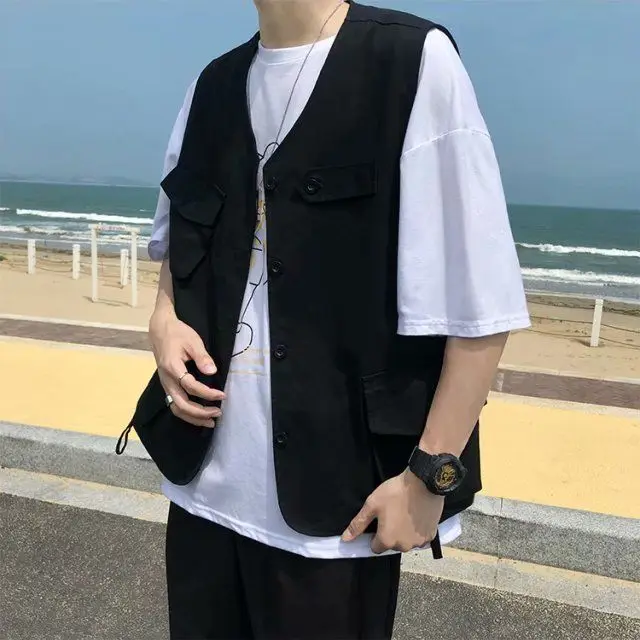 2023 Summer Fashion Men Solid  Cool Boy Casual Loose Tess Button Vest Jacket Pocket Sleeveless Versatile Working Suit Pocke