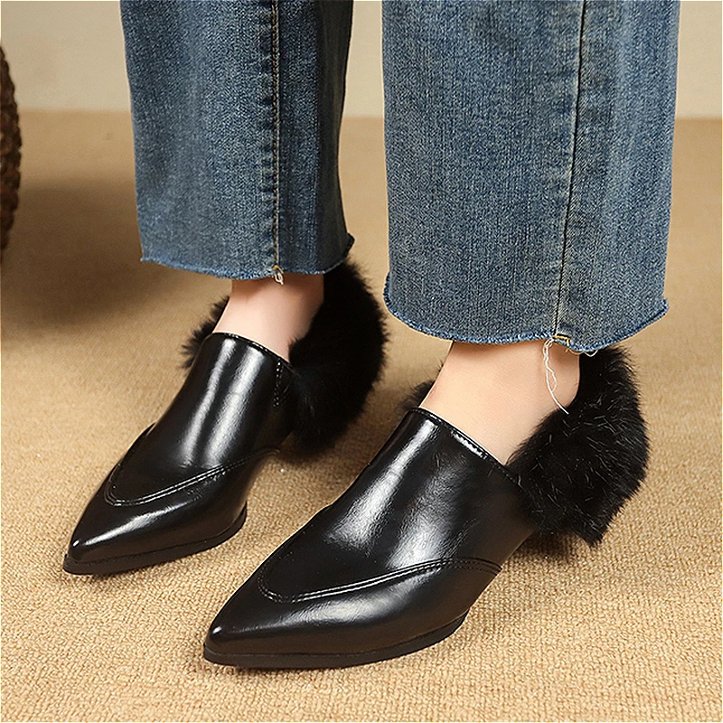 Женские ботильоны на высоком каблуке с мехом короткие плюшевые теплые туфли