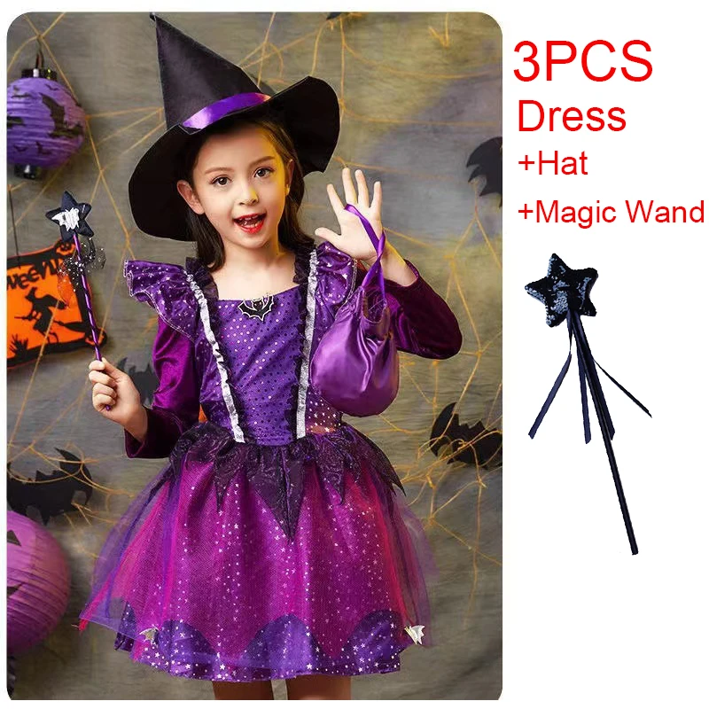 Платье на Хэллоуин для девочек костюм ведьмы Пурпурное Пышное детская