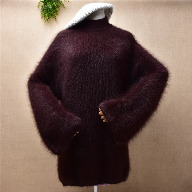 

ladies women fall winter thick warm hairy mink cashmere knitted long flare sleeve split loose pullover angora fur jumper sweater