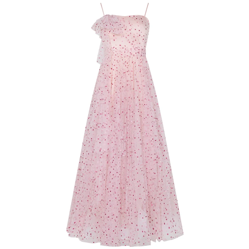 YIGELILA Summer Fashion Women Spaghetti Strap Long Party Dress Elegant Pink Dot Mesh Dress Empire Slim Holiday Dress 66535