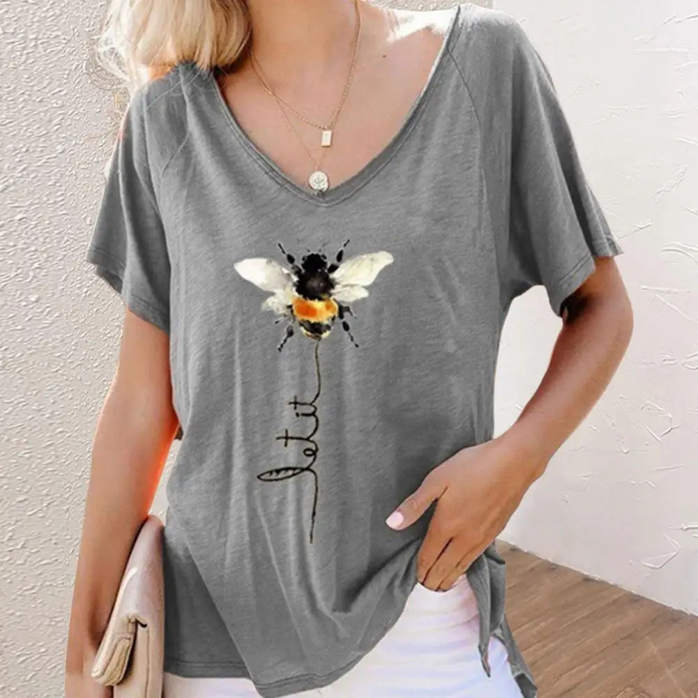 

Trendy Summer Tops Anti-Shrink Bee Print Girl Tee Shirt V-neck Elastic Tee Top Streetwear
