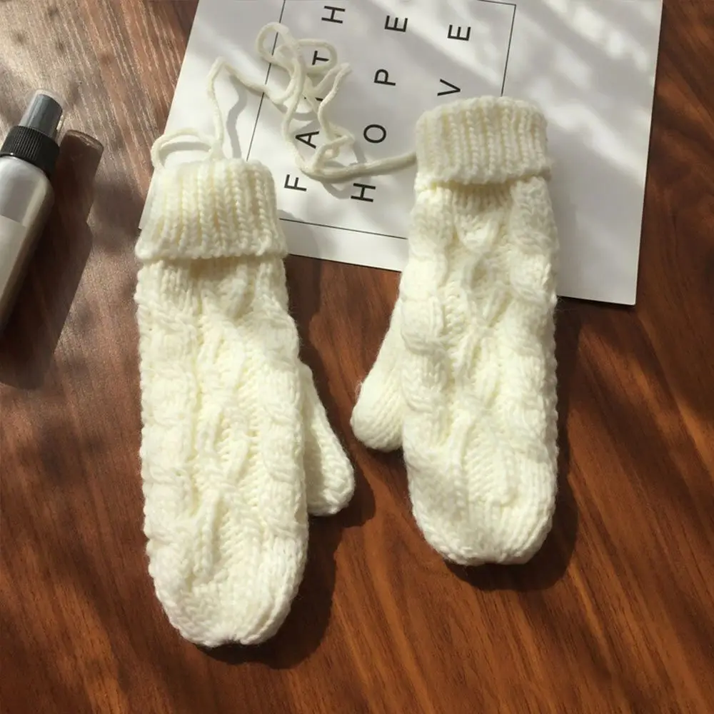

Women Girl Thickening Warm Soft Plus Cashmere Knit Twist Mittens with Neck Hanging Full Finger Gloves Student Gloves