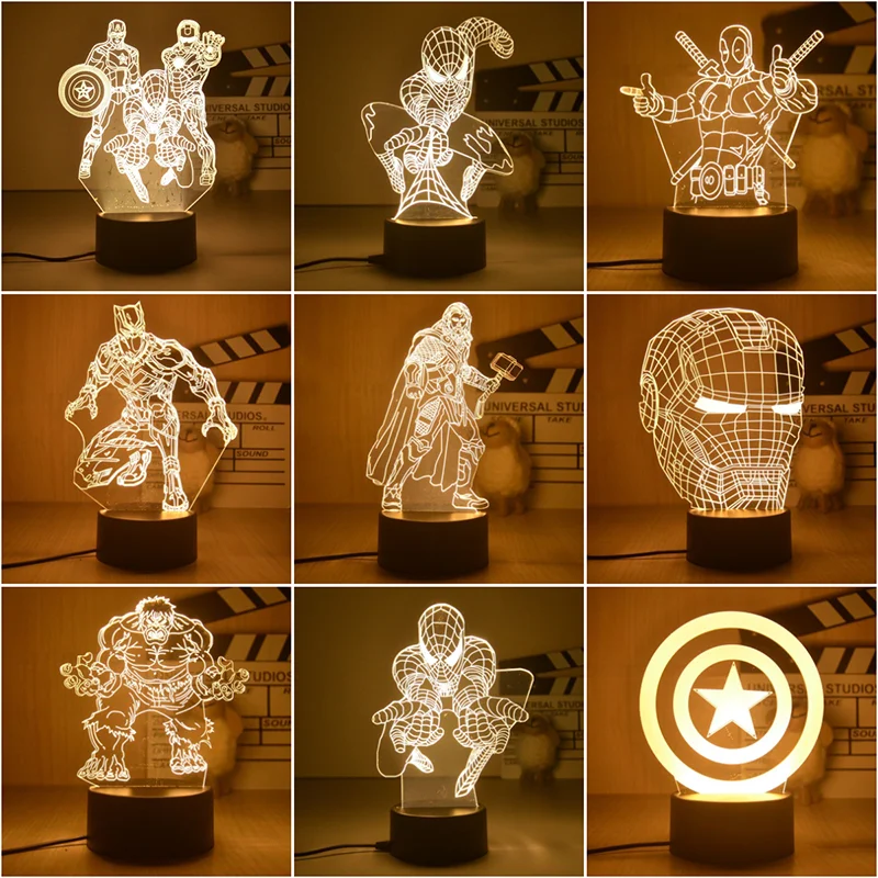 

Disney Night Lights 3D Spiderman Hulk Ironman Deadpool Thor Action Figures Marvel The Avengers LED Lamp Decor Boyfriend Gift