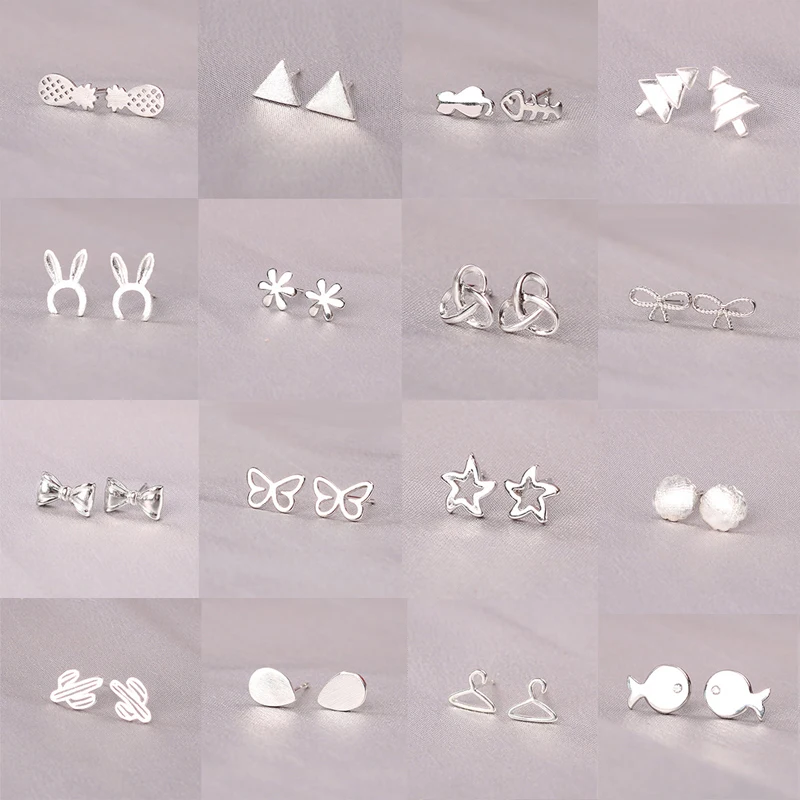 

Korean S925 Sterling Silver Needles Mini Stud Earrings Fashion Silver Color Star Xmas Tree Butterfly Geometric Ear Studs Gifts