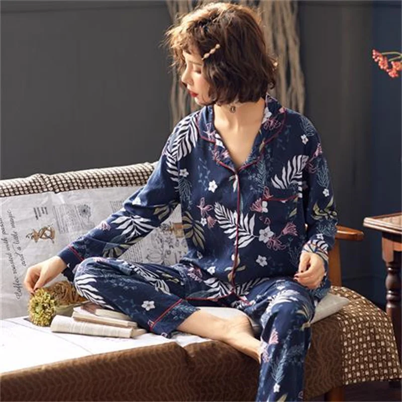 Autumn Pajamas Set Sexy Shirt Sleepwear For Women Flower Long/ Short Sleeve Pyjama Women's Artificial Polyester Comfortable Pjs