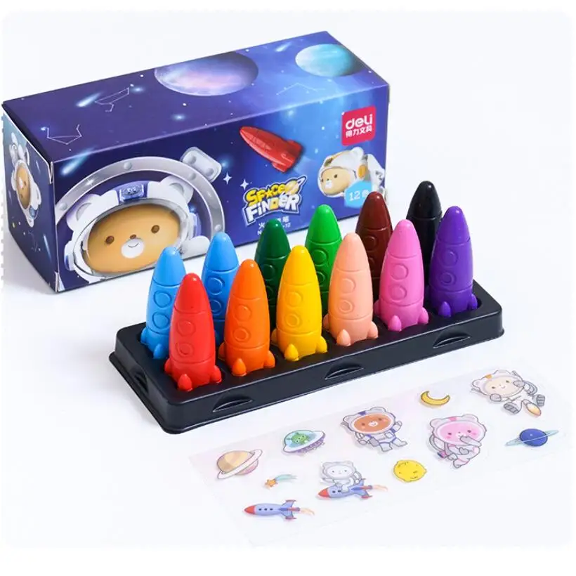 

Deli 12 Colors Rocket Shaped Crayons for Kids Children Art Drawing School Supplies No Dirty Hands Crayons