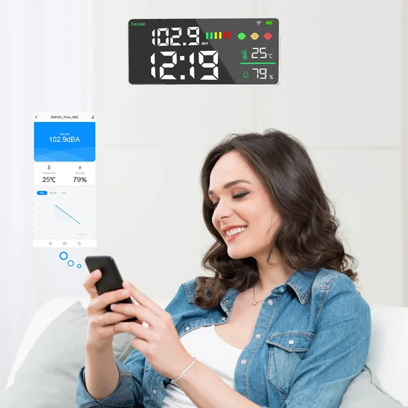 DM165A-WIFI Измеритель уровня звука шума Детектор Настенные часы температуры и