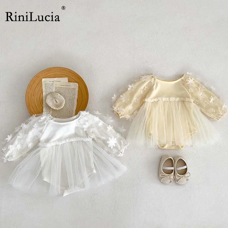 

RiniLucia Sweet Baby Girls Romper Autumn Solid Long Sleeve Floral Infant Girls One-pieces Jumpsuit Baby Soft Clothes Outfits