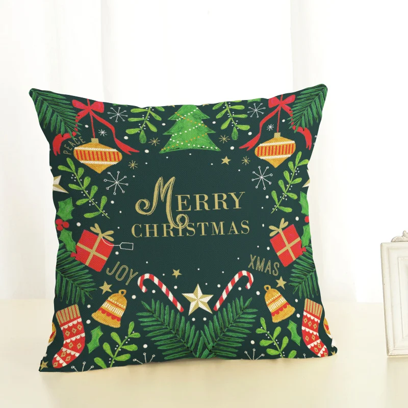

Green Christmas Peach Skin Pillowcase Decorative Santa Claus Elk Cushion Cover for Sofa Printed Pillow Car Happy New Year Decor