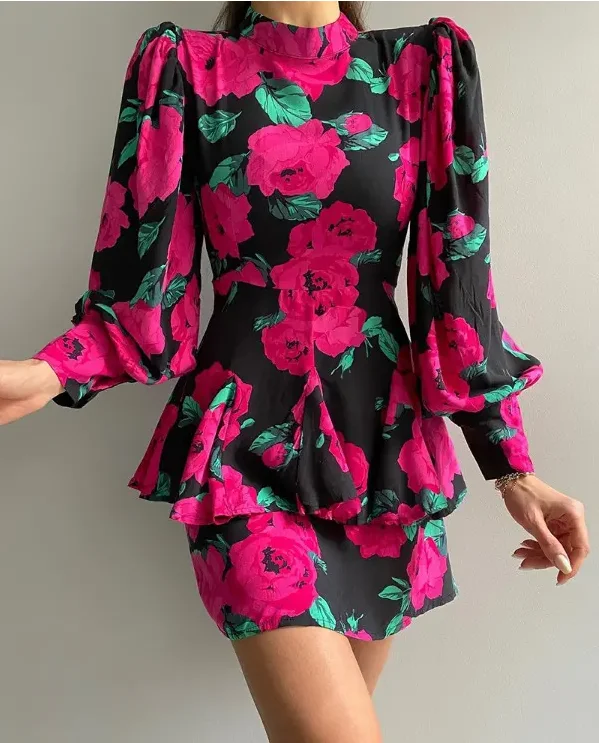 

Женское многослойное мини-платье с цветочным принтом, длинным рукавом-фонариком и ложным воротником, лето 2022