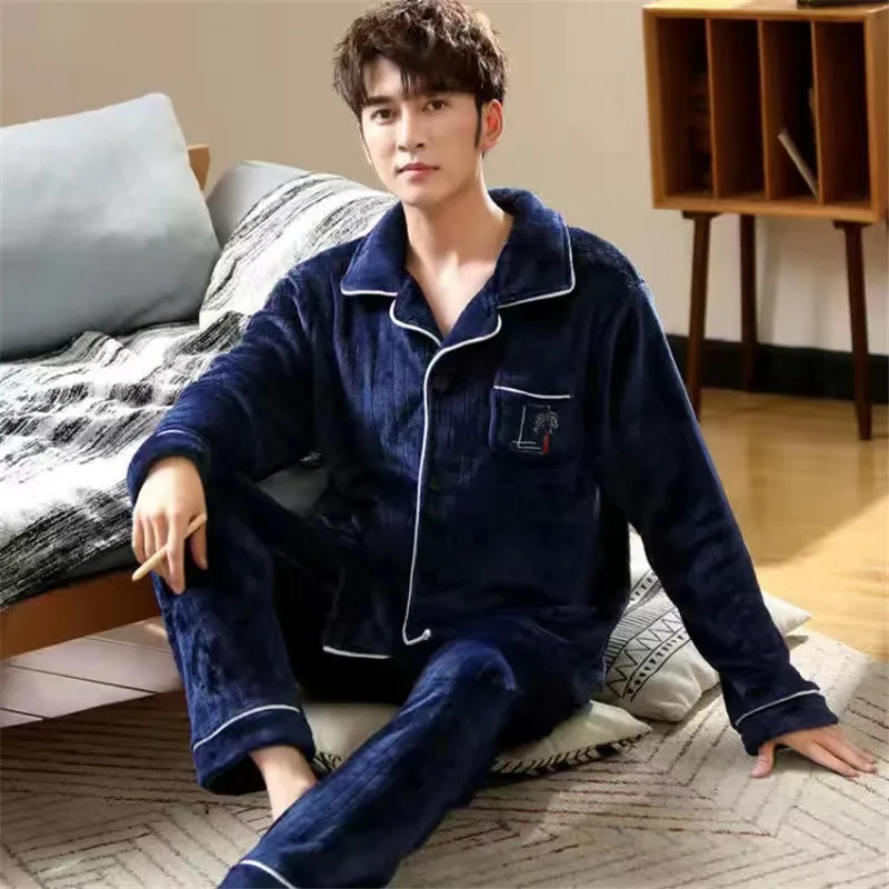 Flannel 2 Piece /Set Pajamas Sets For Men Winter Thick Warm Long Sleeve Home Clothes Sleepwear Suit Turn-Down Collar Pyjamas