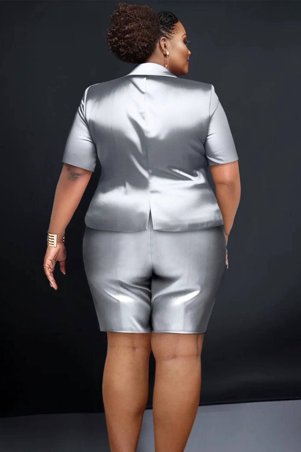 Женский полуторжественный цвет синий лацкан воротник короткий рукав атласные