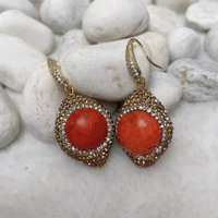 european and american style natural coral rhinestone surround earrings ladies personality simple and exquisite earring jewelry