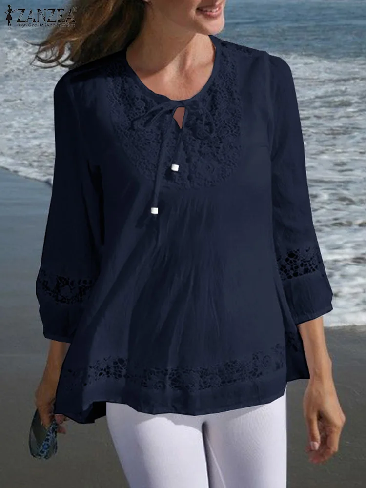 

ZANZEA Summer Women 3/4 Sleeve Lace Crochet Blouse Casual Hollow Out Tops Solid Elegant Patchwork Shirt Loose Work Blusas Mujer