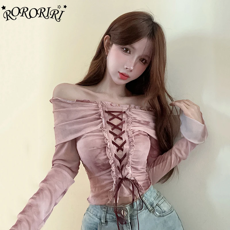 RORORIRI Grayu Desire женская футболка на одно плечо с расклешенными рукавами шнуровка