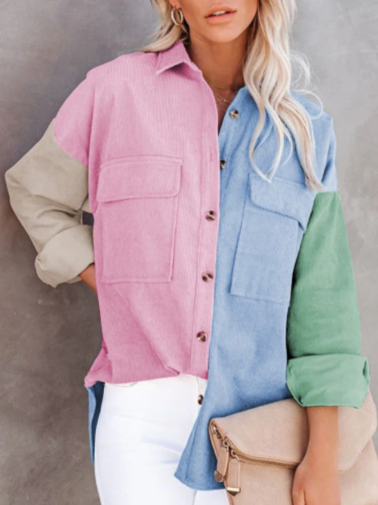 Женская Вельветовая рубашка на пуговицах свободная в контрастную клетку