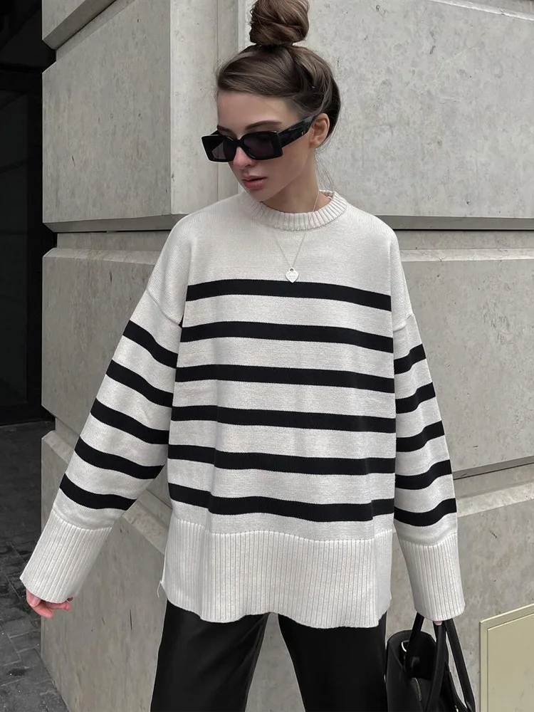 

POKIHA Autumn Women 2022 Fashion Elegant Striped Knitted Sweater Jumpers O Neck Female Oversize Pullovers Chic Tops Sweatshirts