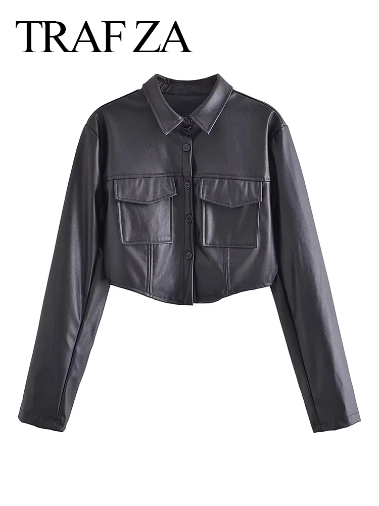 

TRAF ZA Trendy Lapel Pocket Slim Long Sleeve Women's Clothing Jacket Premium Leather Black Single Breasted Cropped Top Jacket