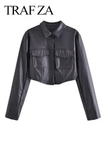 traf za trendy lapel pocket slim long sleeve womens clothing jacket premium leather black single breasted cropped top jacket