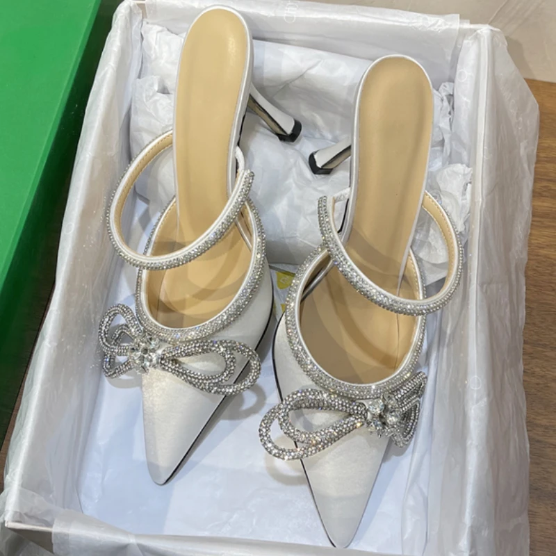 

High Heels 2023 New Spring and Summer Pointed Toe Sandals Bow Rhinestone Stiletto Slippers Women's Summer Outer Wear