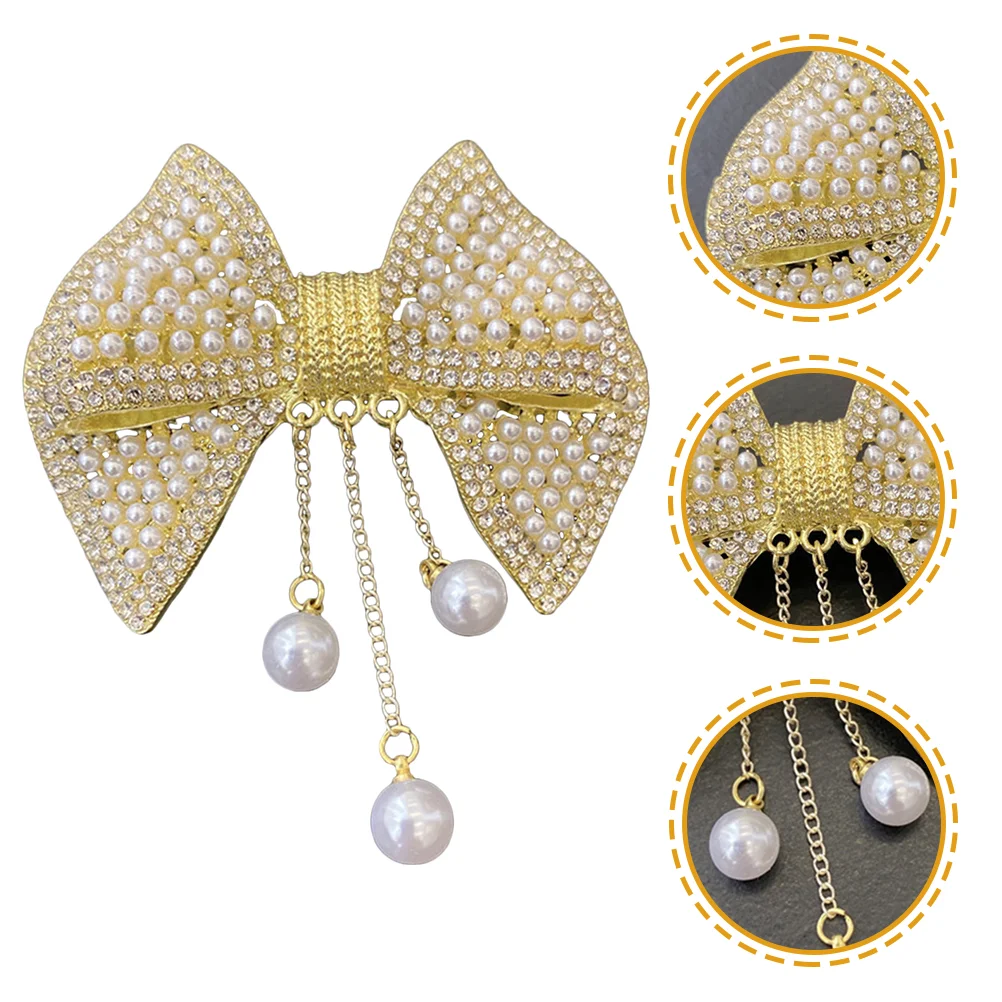 

Bow Hair Spring Clip Pearl Rhinestone Decor Clip Headdress for Female Woman Lady Golden White