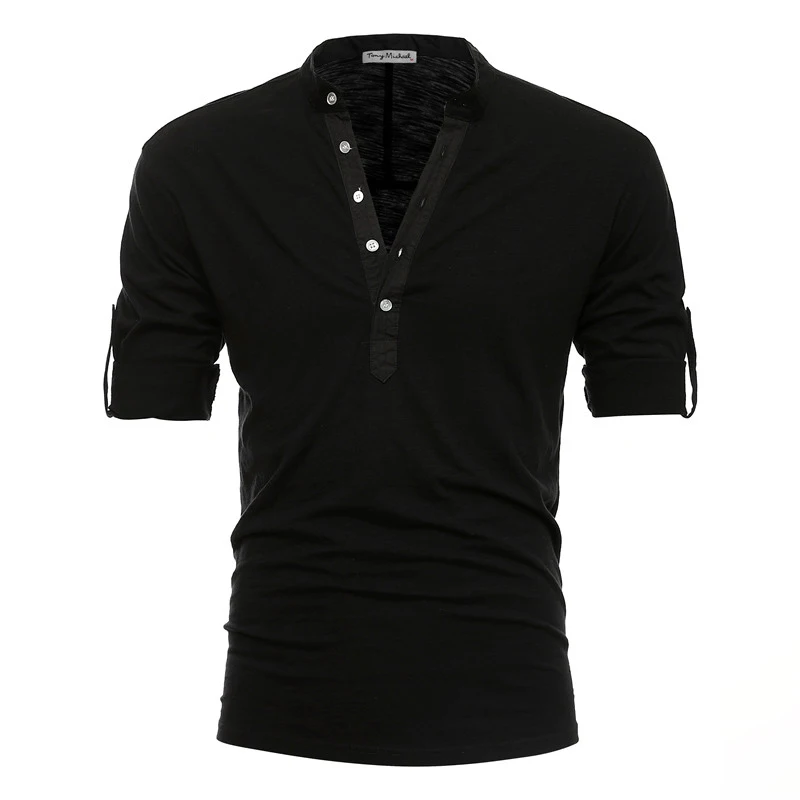 

2021 Stand Collar T-Shirt Men Solid Color 100% Cotton Middle Sleeve Men's T Shirts Summer Quality Casual Tee Shirt Male