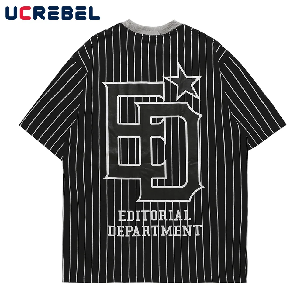 

Vertical Stripes Short Sleeve T-shirt Mens Summer Streetwear Letter Loose Round Neck Tee Shoulder Drop Casual Half-Sleeve Men