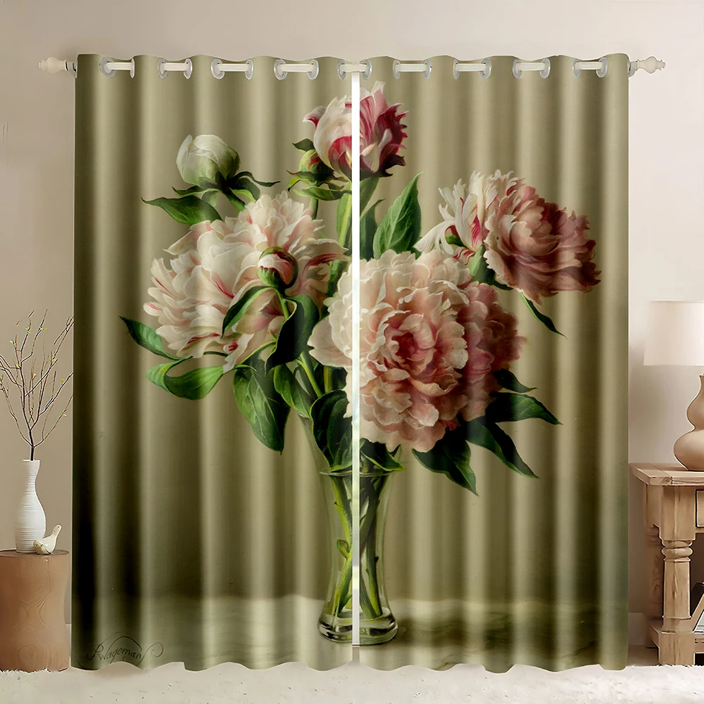 Oil Painting Floral Window Curtains,Pink Rose Colorful Flowers In Glass Vase Curtain Printed,Romantic Floral Window Curtains