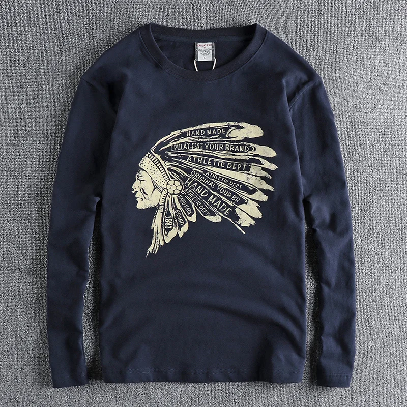 

Indian large print pattern long sleeve t-shirt men's pure cotton brushed comfortable youth daily base shirt 1147