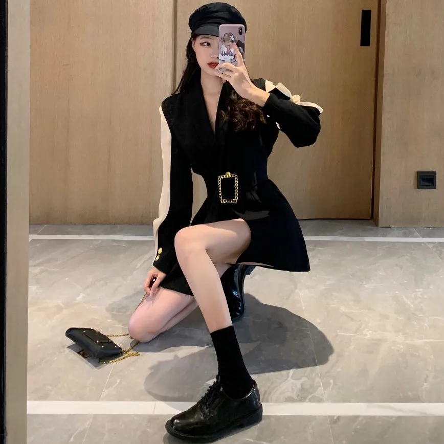 2022 New Solid Color Women Work Blazer Jacket Casual Sashes Loose Suit Jackets Female Oversized Blazer Women Waistband Outwear