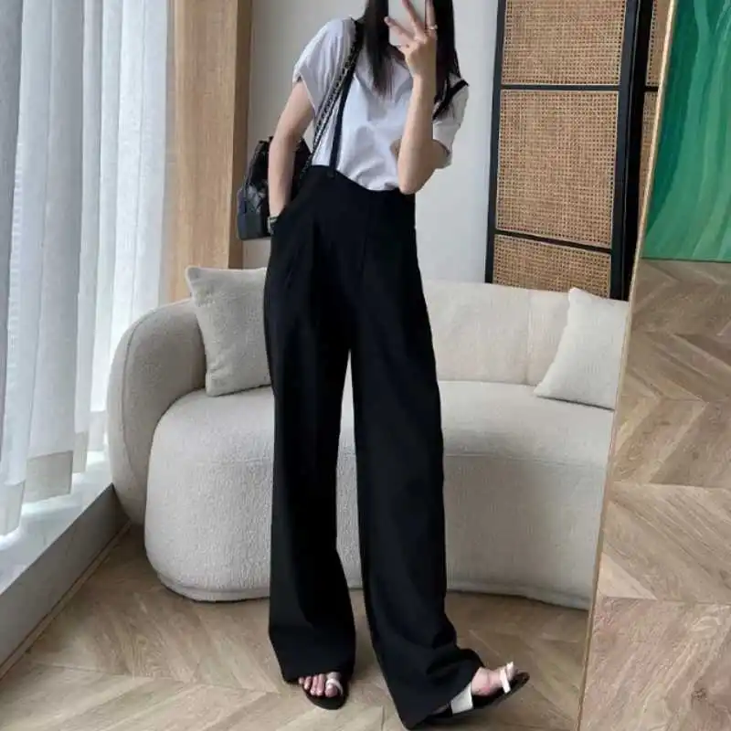 2023 Spring and Summer New High-waisted Pleated Suspenders Straight-leg Mopping Pants for Women