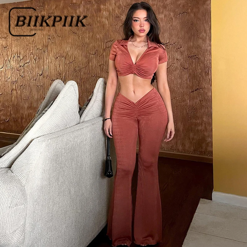 

BIIKPIIK модный однотонный комплект из двух предметов с V-образным вырезом сексуальный укороченный топ + V-образный вырез с заниженной талией расклешенные брюки костюмы Повседневная Женская одежда