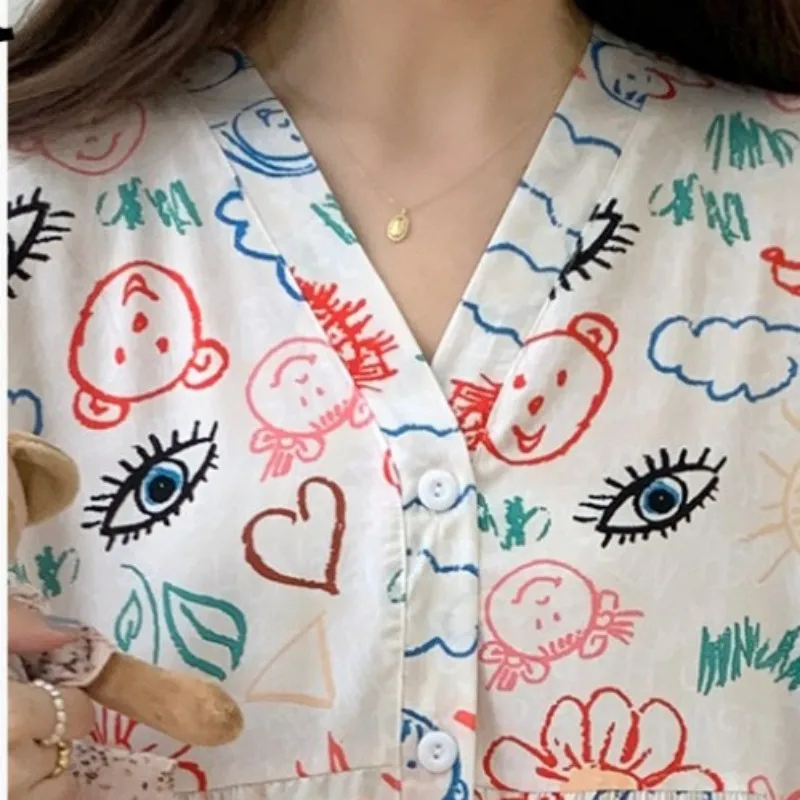 Summer Japanese Young La's Thin Cardigan Set Loose Cartoon Two Pieces Pajama Women Lovely V-Neck Half Sleeve Girl's Home Wear