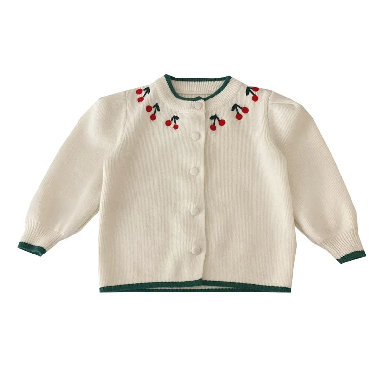 

Свитер для маленьких девочек, кардиган, пальто, корейский сезон весна-осень, вязаная одежда с вышивкой вишни, модная детская одежда