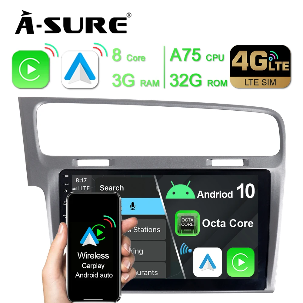 

Автомобильный радиоприемник A-Sure 2 Din, 10,1 дюйма, Android 11, 8 ядер, 3 + 32 ГБ, GPS-навигация для Volkswagen VW Golf 7 VII MK7