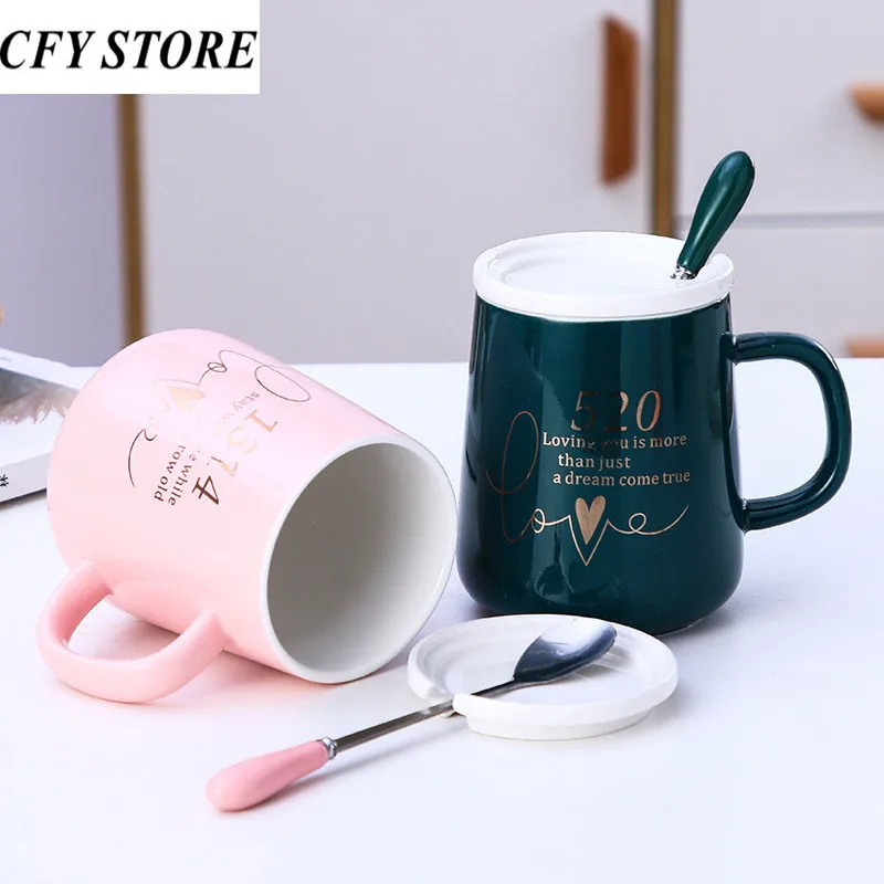 

450ml Creative Ceramic Coffee Mugs with Lid and Spoon Lovers Family Breakfast Milk Tea Porcelain Cup Beverage Utensil Drinkware