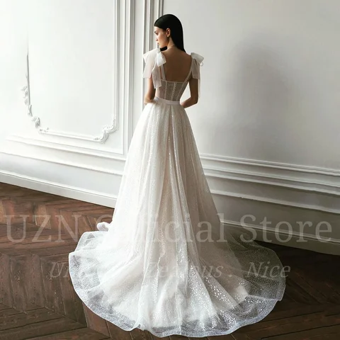 UZN Ivory A-Line Glitter Tulle Wedding Dresses Sweetheart Adjustable Straps Bridal Gowns Simple Wedding Gown 2023 Robes De Marié