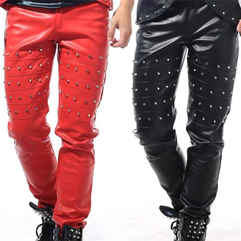 Stage personality men leather pants red pant men pu trousers singer dance rock fashion pantalon homme punk rivets white black